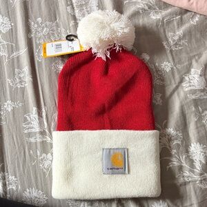 Carhartt Red and White Beanie with Pom-Pom